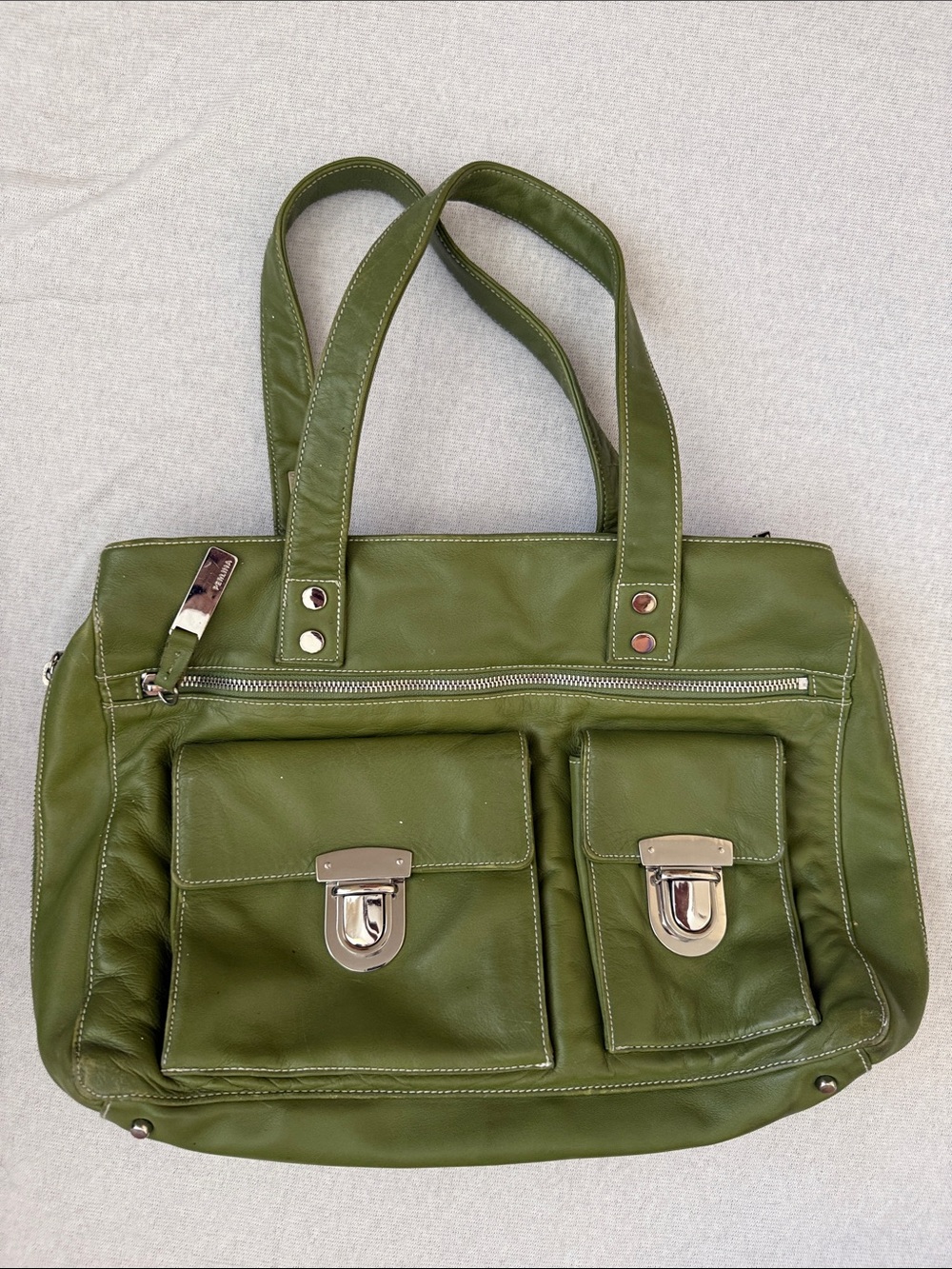 Perlina Olive Green Genuine Leather Triple Zip Satchel Shoulder Bag